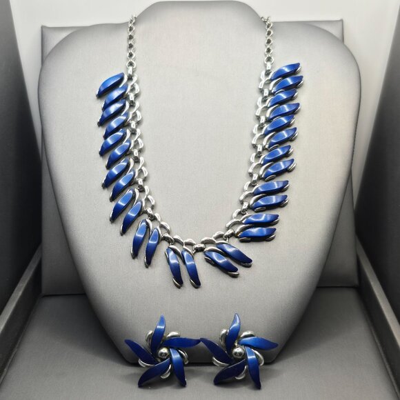 VTG Claudette Thermoset Choker Necklace & Earrings Blue Silver Tone 50s Set of 2 - Picture 5 of 16